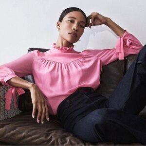 G. Label by Goop Ashley Silk Ruffle High Neck Yoke Bow Tie Blouse in Pink size 8